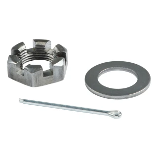 Lippert spindle nut retainer kit featuring 6-slot castle nut, washer, and cotter pin