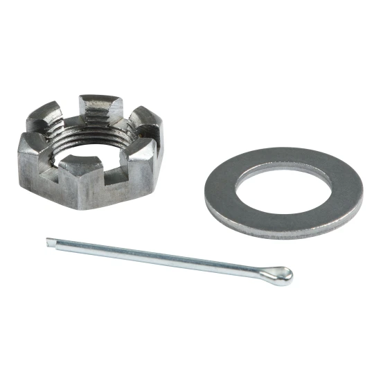 Lippert spindle nut retainer kit featuring 6-slot castle nut, washer, and cotter pin