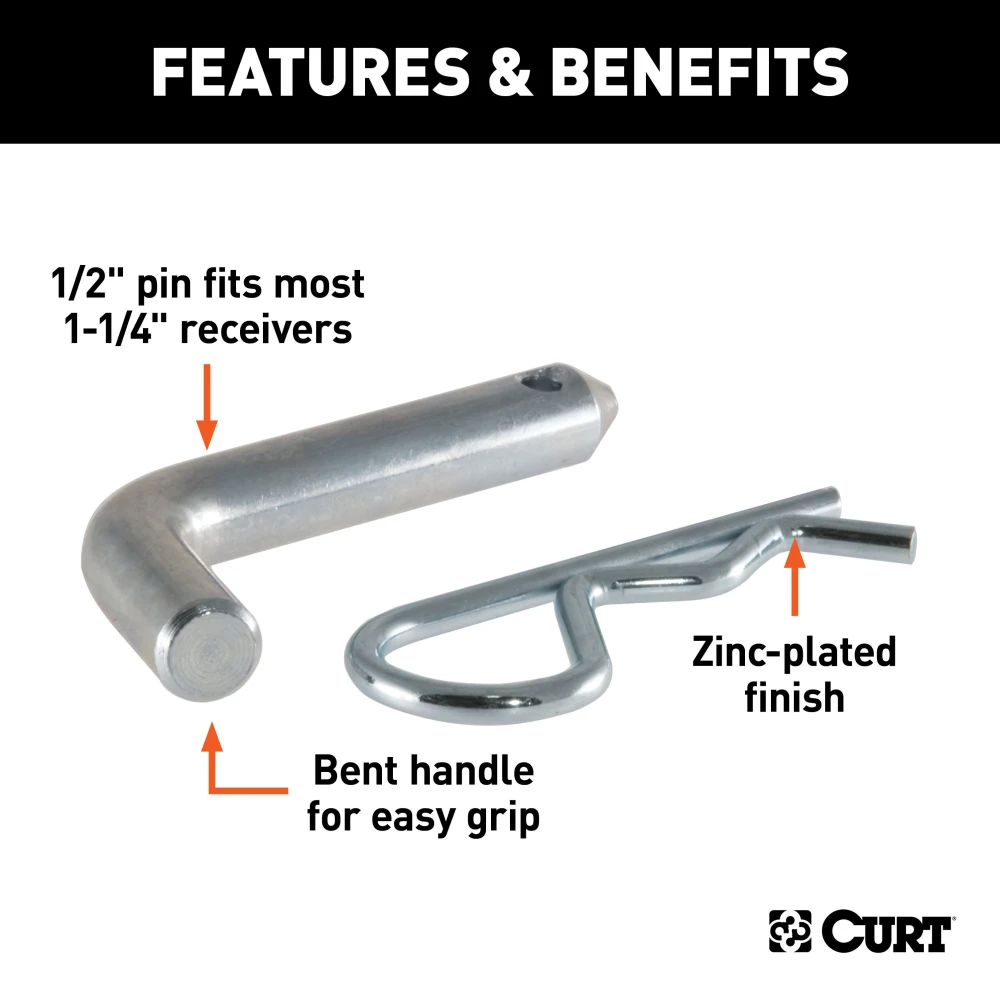 CURT 1/2 inch hitch pin with zinc finish and clip for secure towing