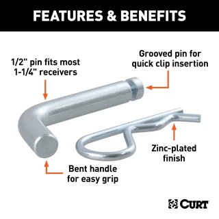 CURT 1/2 inch hitch pin with a durable zinc finish and a clip groove for secure towing.