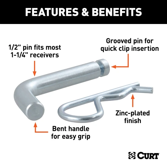 CURT 1/2 Inch Hitch Pin with Zinc Finish and Clip Groove CURT 1/2 inch hitch pin with a durable zinc finish and a clip groove for secure towing.