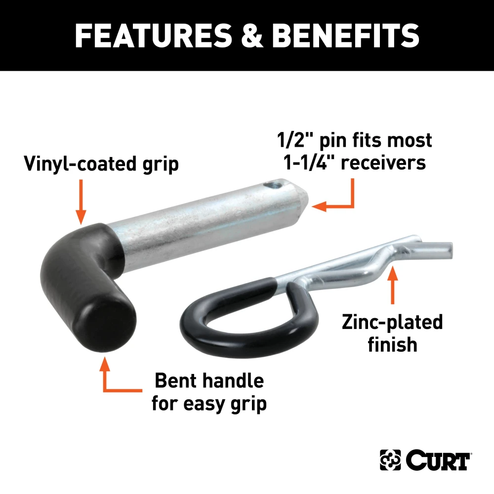 CURT 1/2 inch hitch pin with zinc finish and vinyl-coated handle for secure towing