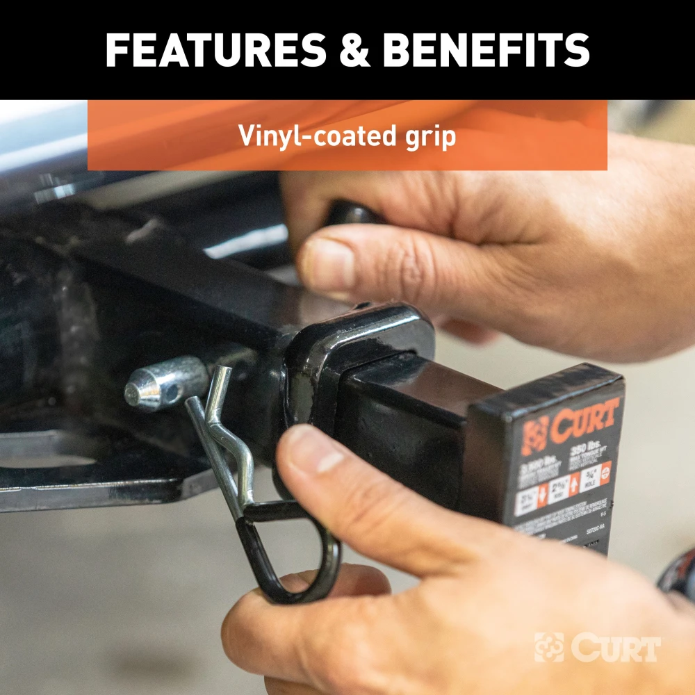 CURT 1/2 inch hitch pin with zinc finish and vinyl-coated handle for secure towing