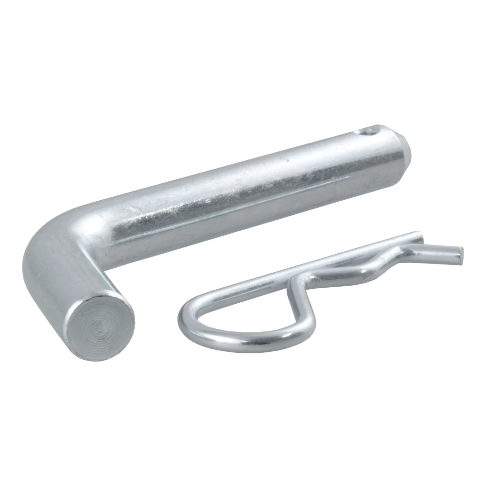 A CURT 5/8 inch hitch pin with a zinc finish and clip for secure towing