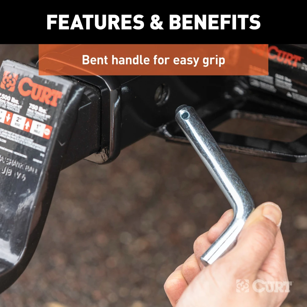 A CURT 5/8 inch hitch pin with a zinc finish and clip for secure towing