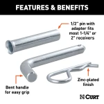 CURT 1/2 inch hitch pin with zinc finish, fits 1-1/4" or 2" shanks, secure towing