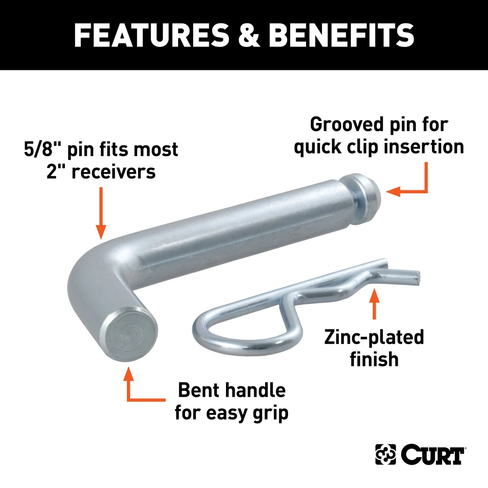 CURT 5/8 inch hitch pin with zinc finish and groove for secure trailer hitch mounting