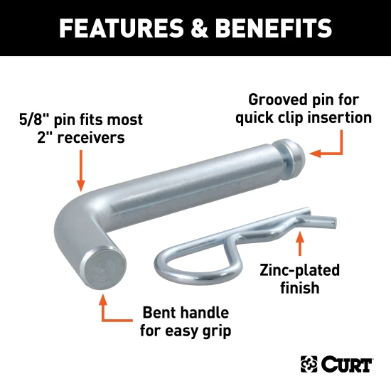 CURT 5/8 inch hitch pin with zinc finish and groove for secure trailer hitch mounting