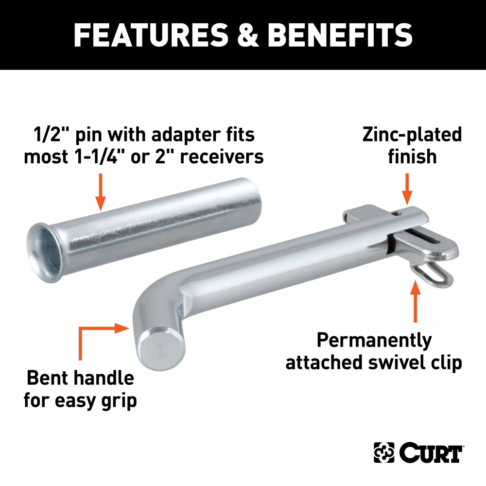 CURT 1/2 inch swivel hitch pin with zinc finish and adapter for secure towing.