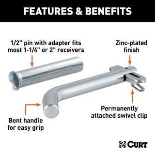 CURT 1/2 inch swivel hitch pin with zinc finish and adapter for secure towing.