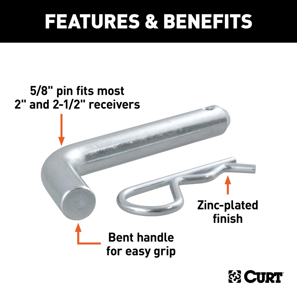 CURT 5/8 Inch Hitch Pin with Zinc Finish and Clip for Trailers CURT 5/8 inch hitch pin with zinc finish and clip for trailer hitch security