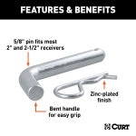 CURT 5/8 Inch Hitch Pin with Zinc Finish and Clip for Trailers CURT 5/8 inch hitch pin with zinc finish and clip for trailer hitch security
