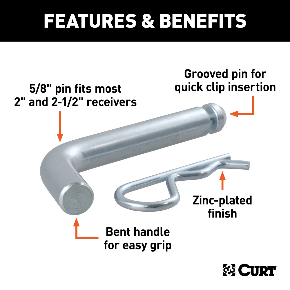 CURT 5/8 inch hitch pin with zinc finish and clip for secure towing
