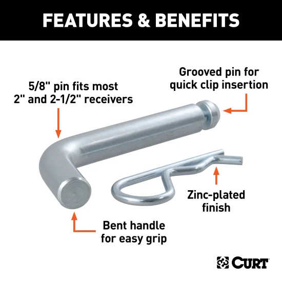 CURT 5/8 inch hitch pin with zinc finish and clip for secure towing