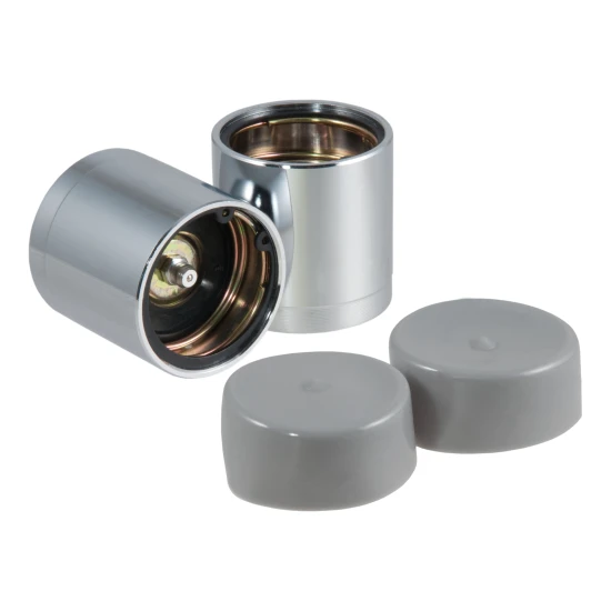 CURT wheel bearing protectors with plastic dust covers for trailer wheels, 1.98 inch diameter, providing lubrication and protection from dirt.