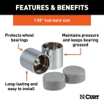 CURT wheel bearing protectors with plastic dust covers for trailer wheels, 1.98 inch diameter, providing lubrication and protection from dirt.