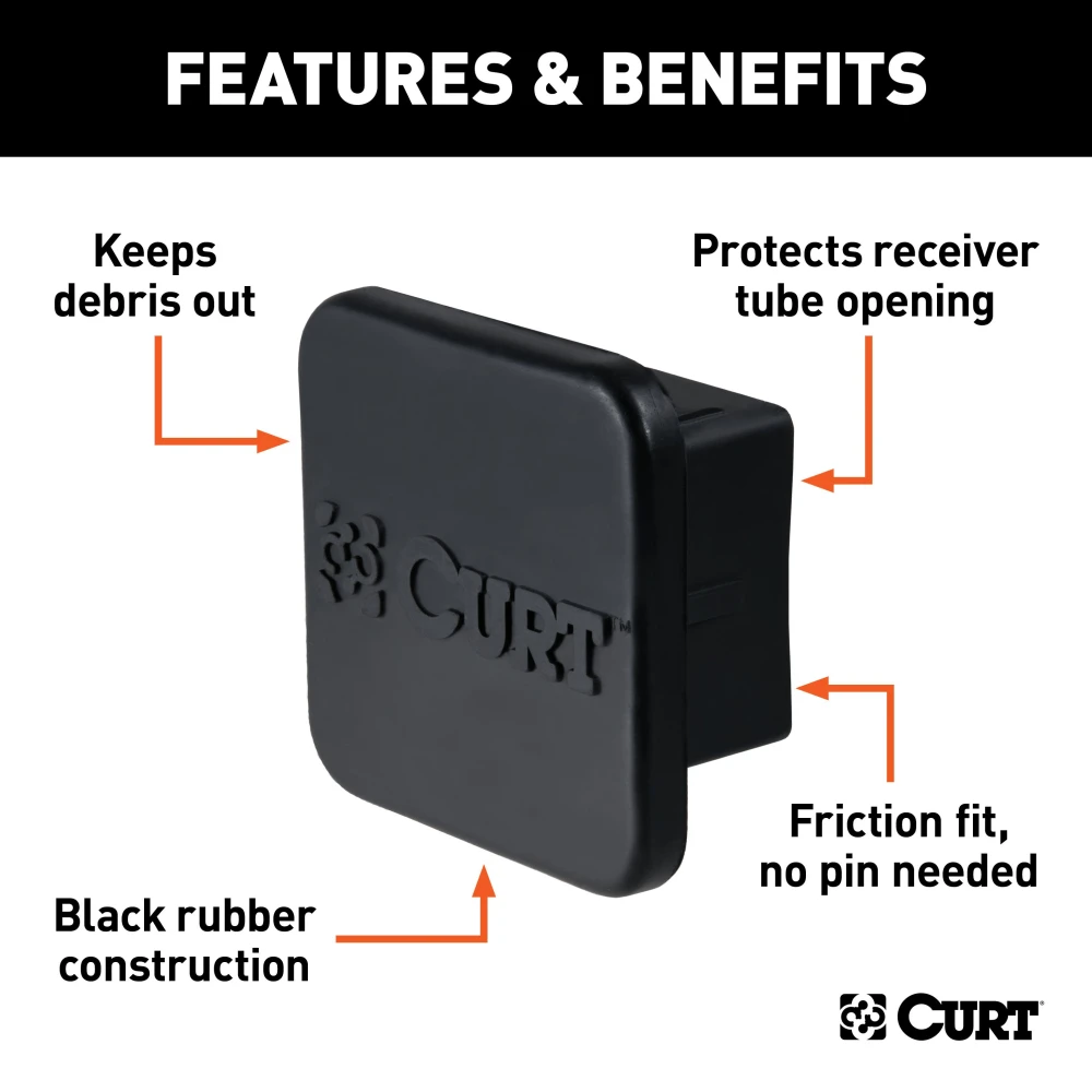 Black rubber CURT trailer hitch cover fitting a 2 inch receiver