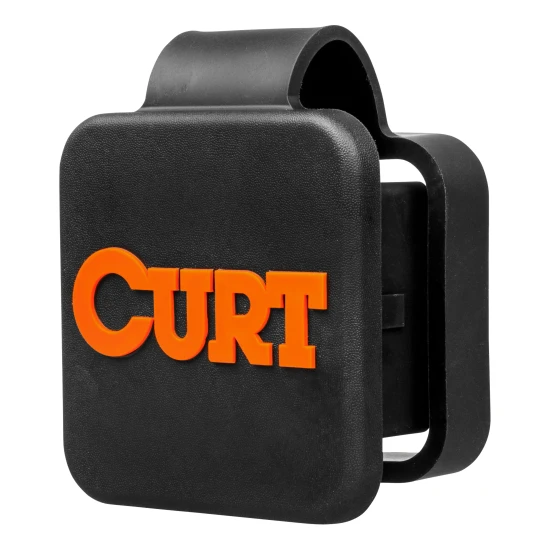 CURT trailer hitch cover made from black rubber, protects 2-inch receiver tube with orange logo and friction fit design.