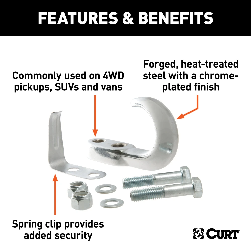 CURT front mount tow hook for 4WD, 10,000 lbs capacity, chrome finish