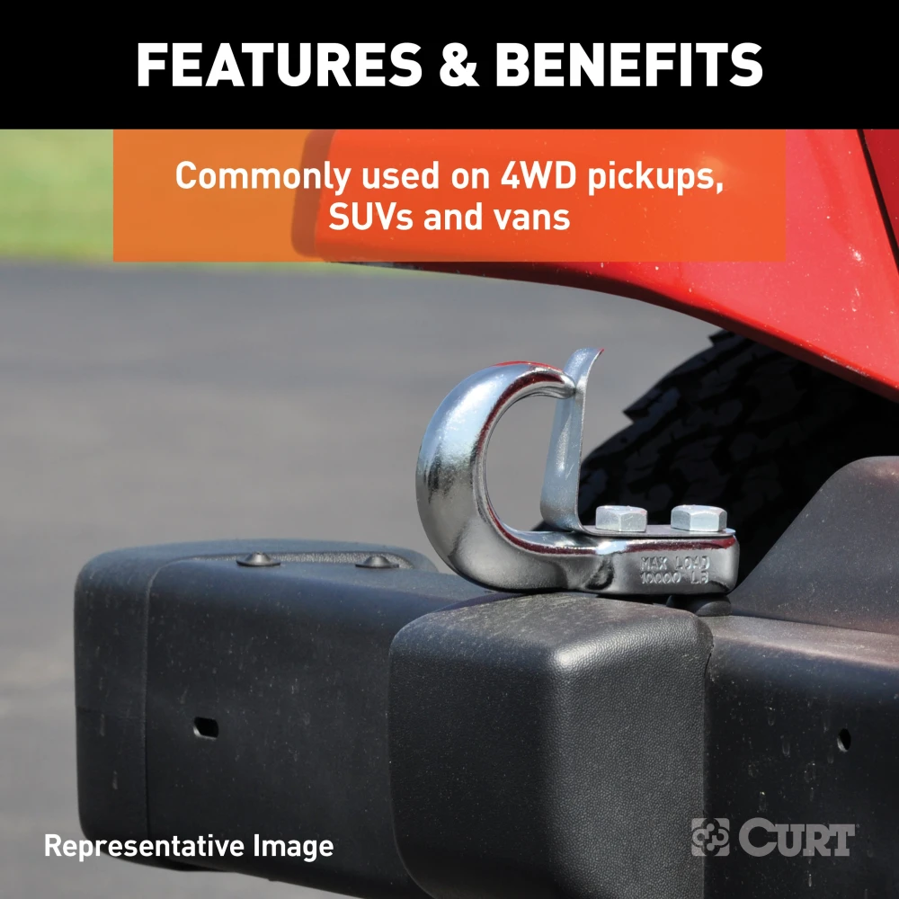 CURT front mount tow hook with black finish and 10,000 lbs capacity for pickups and SUVs