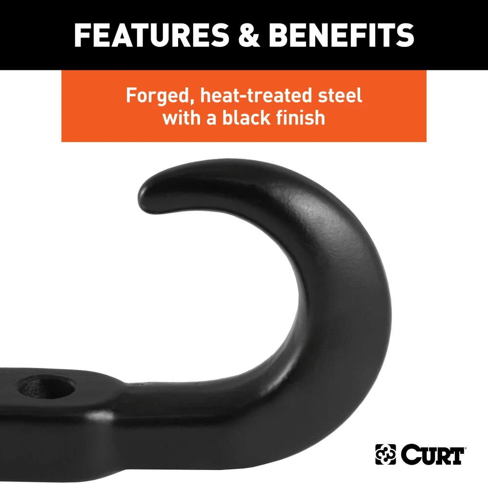 CURT front mount tow hook with black finish and 10,000 lbs capacity for pickups and SUVs