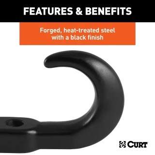 CURT front mount tow hook with black finish and 10,000 lbs capacity for pickups and SUVs