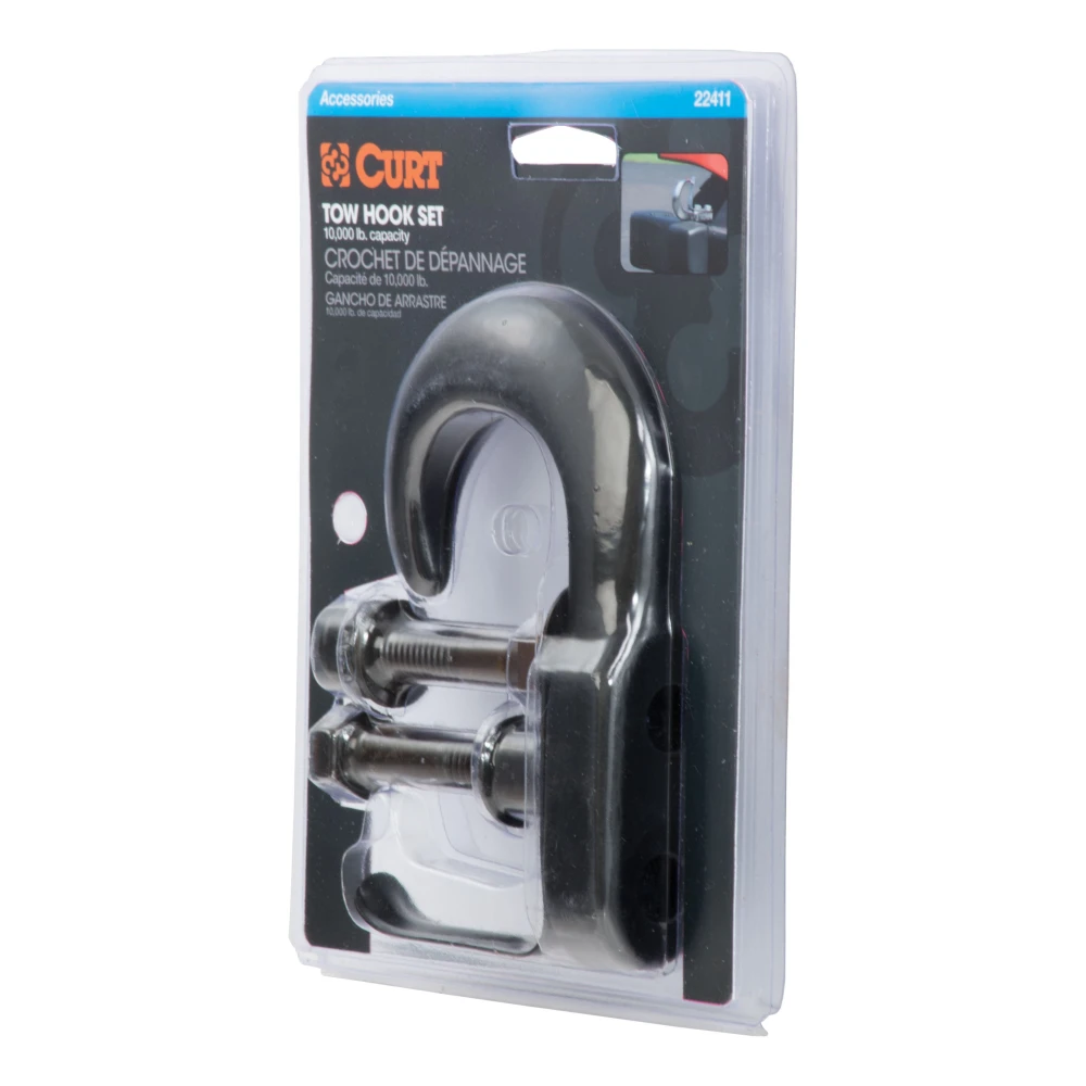 CURT front mount tow hook with black finish and 10,000 lbs capacity for pickups and SUVs