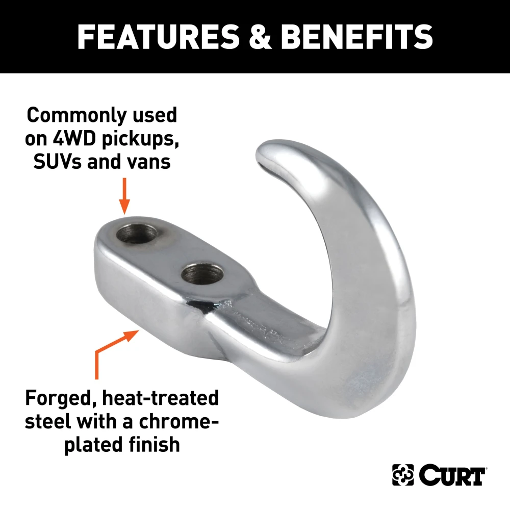 CURT chrome tow hook with 10,000 lbs capacity for 4WD vehicles