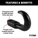Black CURT front mount tow hook, forged steel, 10,000 lbs capacity, suitable for 4WD