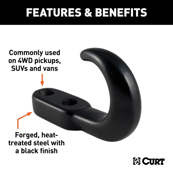 Black CURT front mount tow hook, forged steel, 10,000 lbs capacity, suitable for 4WD