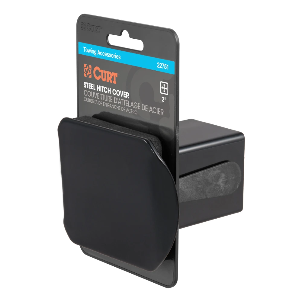 CURT 2x2 inch black steel receiver tube cover, protects trailer hitch from dirt and debris