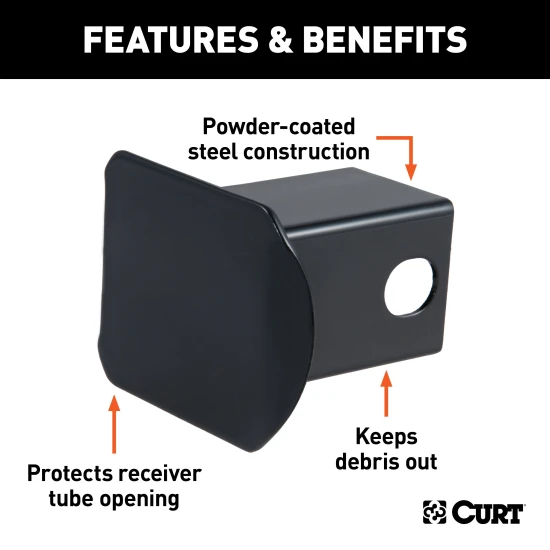 CURT 2x2 inch black steel receiver tube cover, protects trailer hitch from dirt and debris