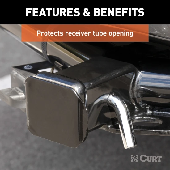 CURT 2x2 inch black steel receiver tube cover, protects trailer hitch from dirt and debris