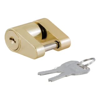 CURT coupler lock with brass finish, key-operated, fits 3/4-inch span latch-type couplers