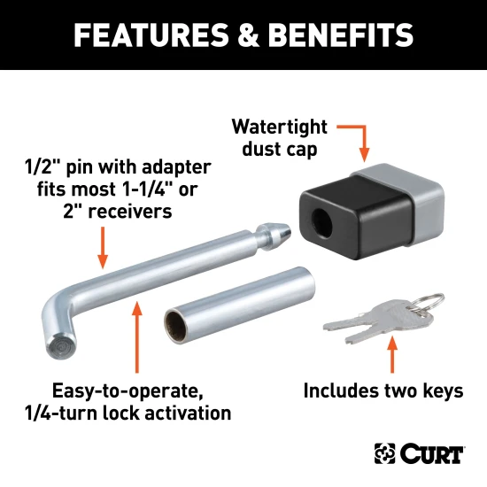 CURT hitch lock deters trailer theft with a secure deadbolt design and includes a waterproof dust cap.
