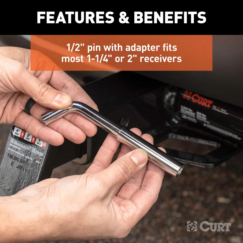 CURT hitch lock deters trailer theft with a secure deadbolt design and includes a waterproof dust cap.