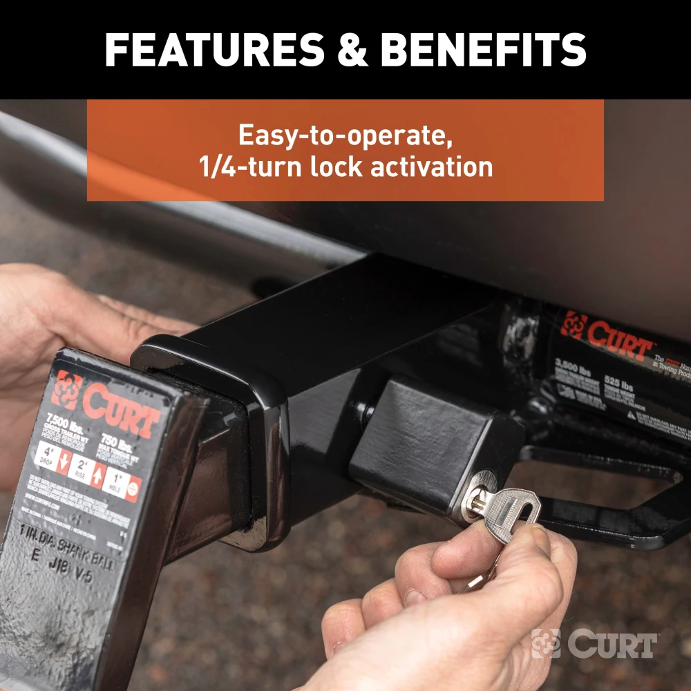CURT hitch lock deters trailer theft with a secure deadbolt design and includes a waterproof dust cap.