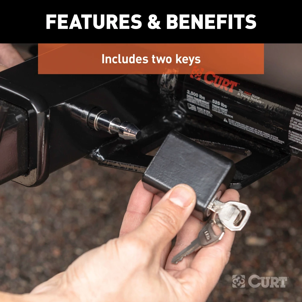 CURT hitch lock deters trailer theft with a secure deadbolt design and includes a waterproof dust cap.