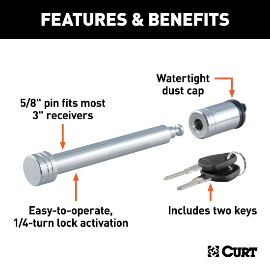 CURT barbell hitch lock with 5/8 inch pin for 2 to 3 inch hitch receivers