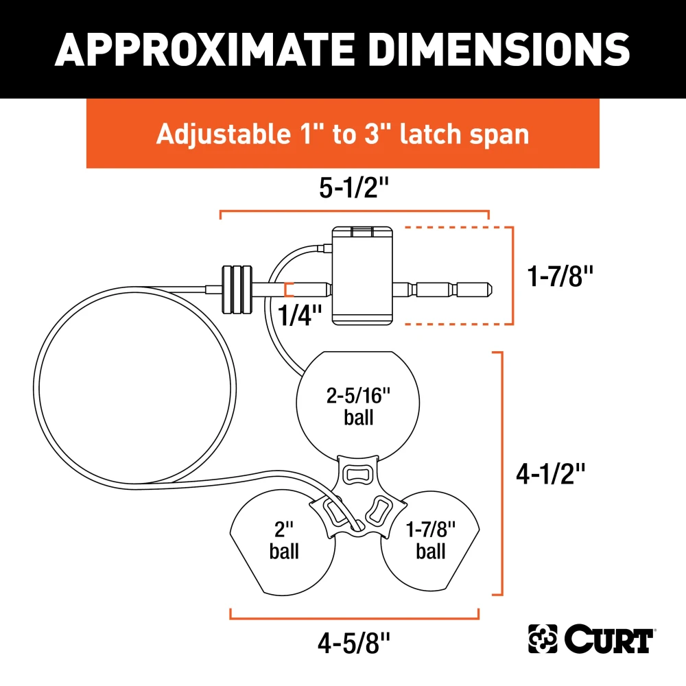 CURT tri-ball universal coupler lock in orange, securely attached to a trailer hitch