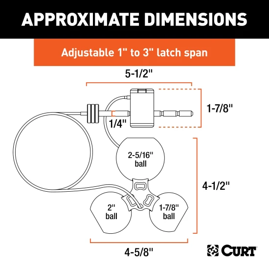CURT tri-ball universal coupler lock in orange, securely attached to a trailer hitch