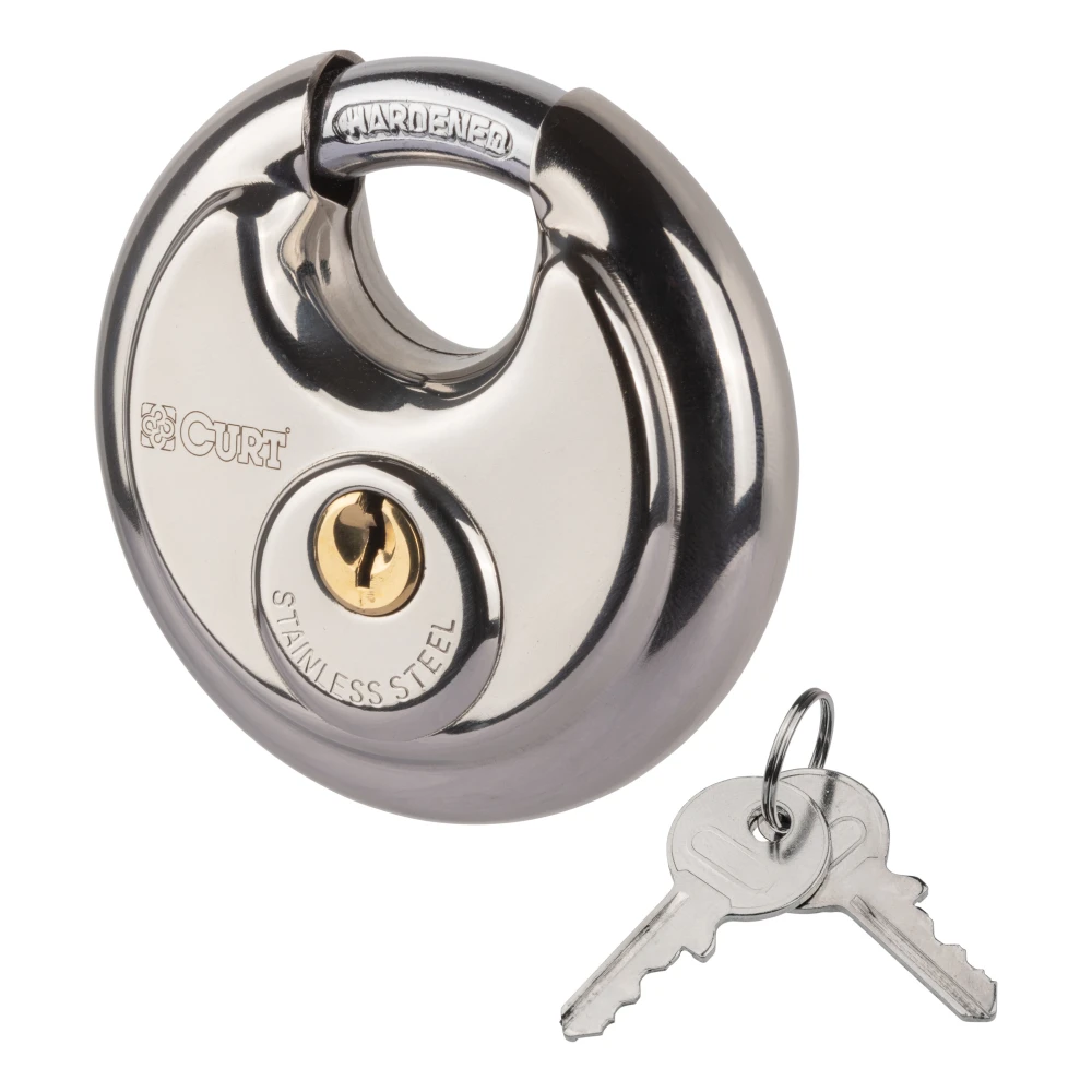 CURT disc lock with a hardened steel shackle, weather-resistant materials, and a 4-pin cylinder.