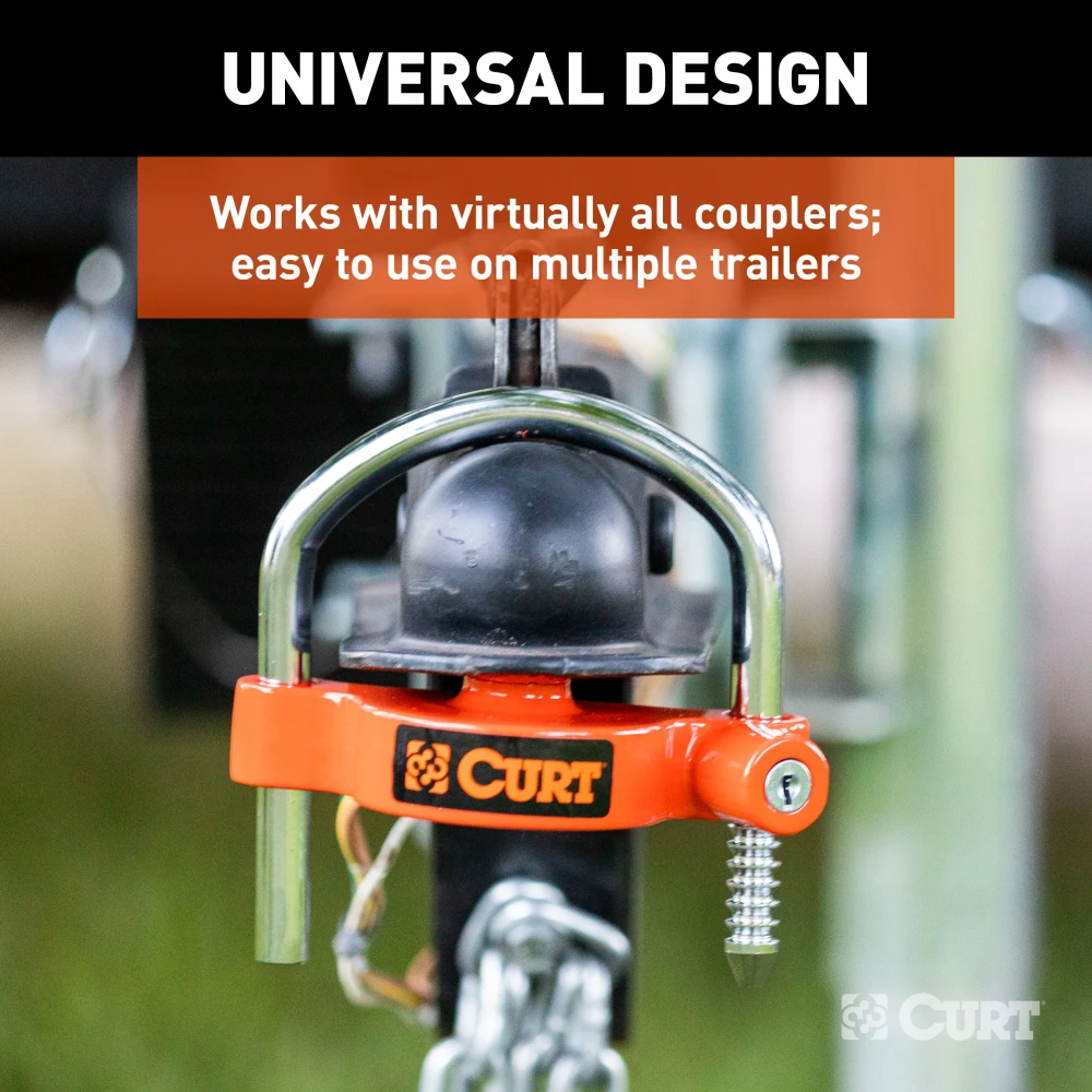 CURT universal trailer coupler lock with bright orange finish, fitting 1-7/8", 2" and 2-5/16" couplers, offering easy and secure installation.