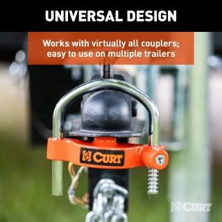 CURT universal trailer coupler lock with bright orange finish, fitting 1-7/8", 2" and 2-5/16" couplers, offering easy and secure installation.