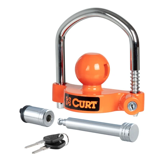 CURT hitch and coupler lock set in bright orange, showcasing universal compatibility and theft-deterrent features.