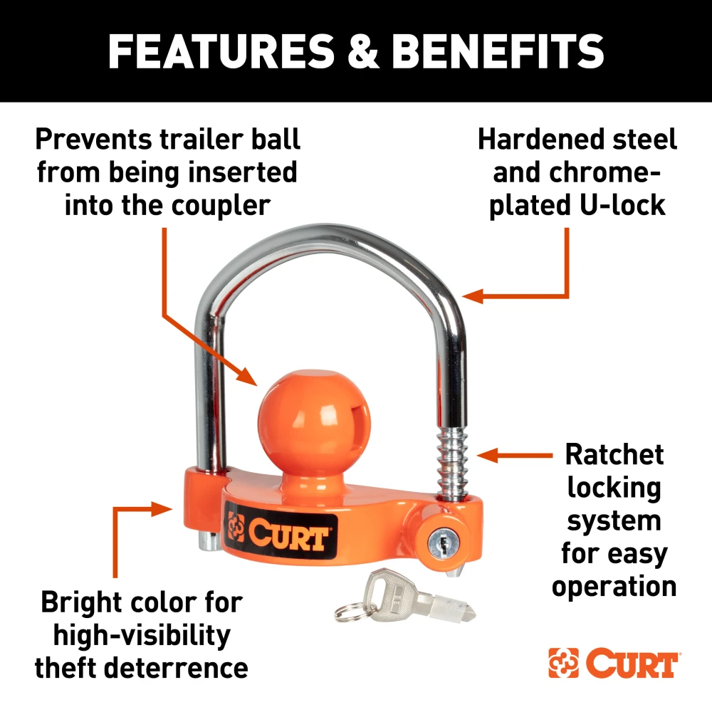 CURT hitch and coupler lock set in bright orange, showcasing universal compatibility and theft-deterrent features.