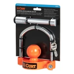 CURT hitch and coupler lock set in bright orange, showcasing universal compatibility and theft-deterrent features.