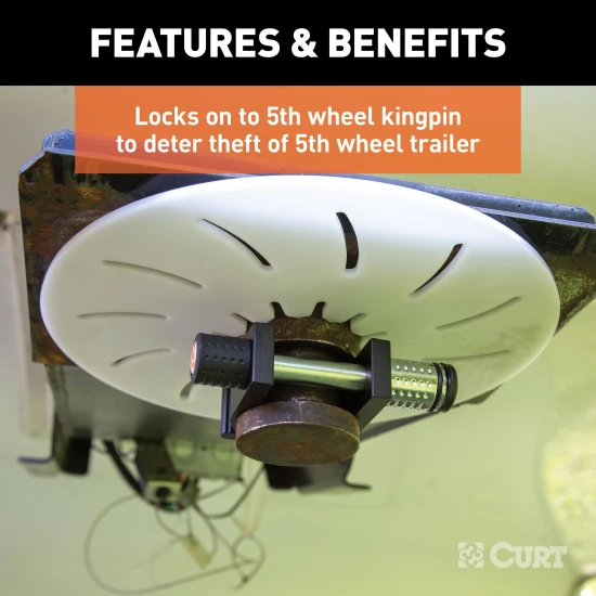 CURT kingpin lock securely attached to a 5th wheel trailer's kingpin
