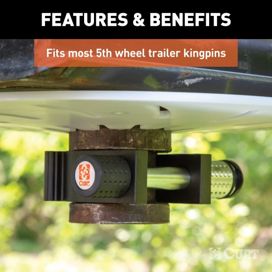 CURT kingpin lock securely attached to a 5th wheel trailer's kingpin