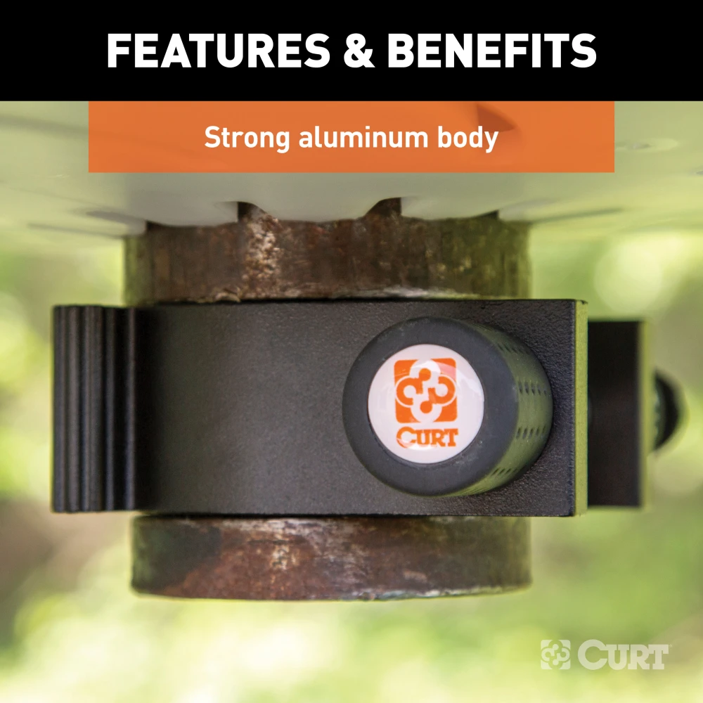 CURT kingpin lock securely attached to a 5th wheel trailer's kingpin